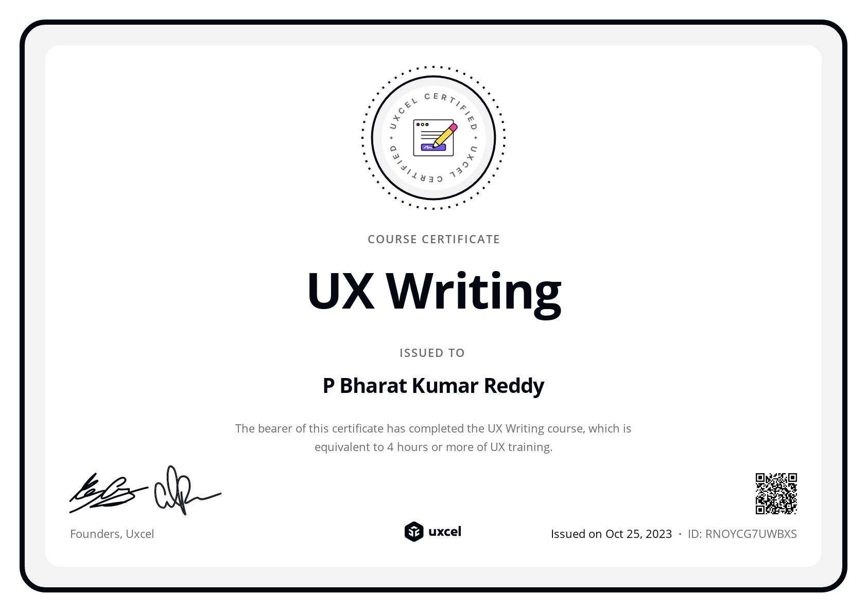 P Bharat Kumar Reddy's certificate